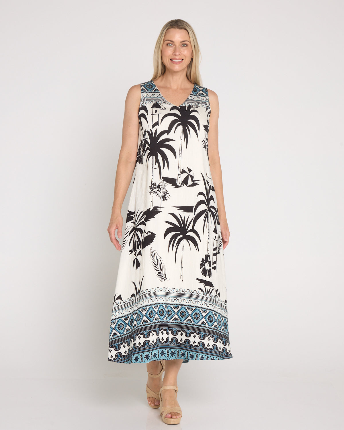 Sienna Sleeveless Midi Dress - Black & White Palm