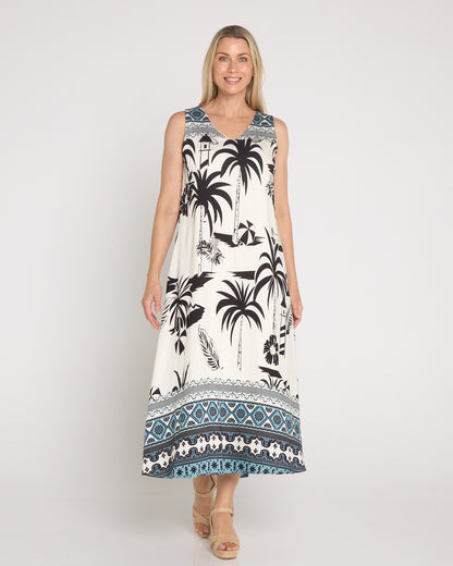 Sienna Sleeveless Midi Dress - Black & White Palm