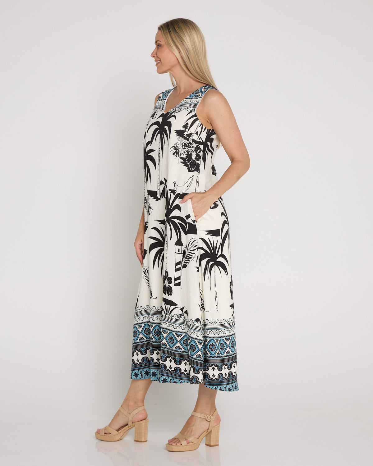 Sienna Sleeveless Midi Dress - Black & White Palm