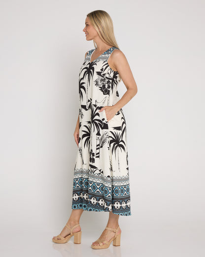 Sienna Sleeveless Midi Dress - Black & White Palm