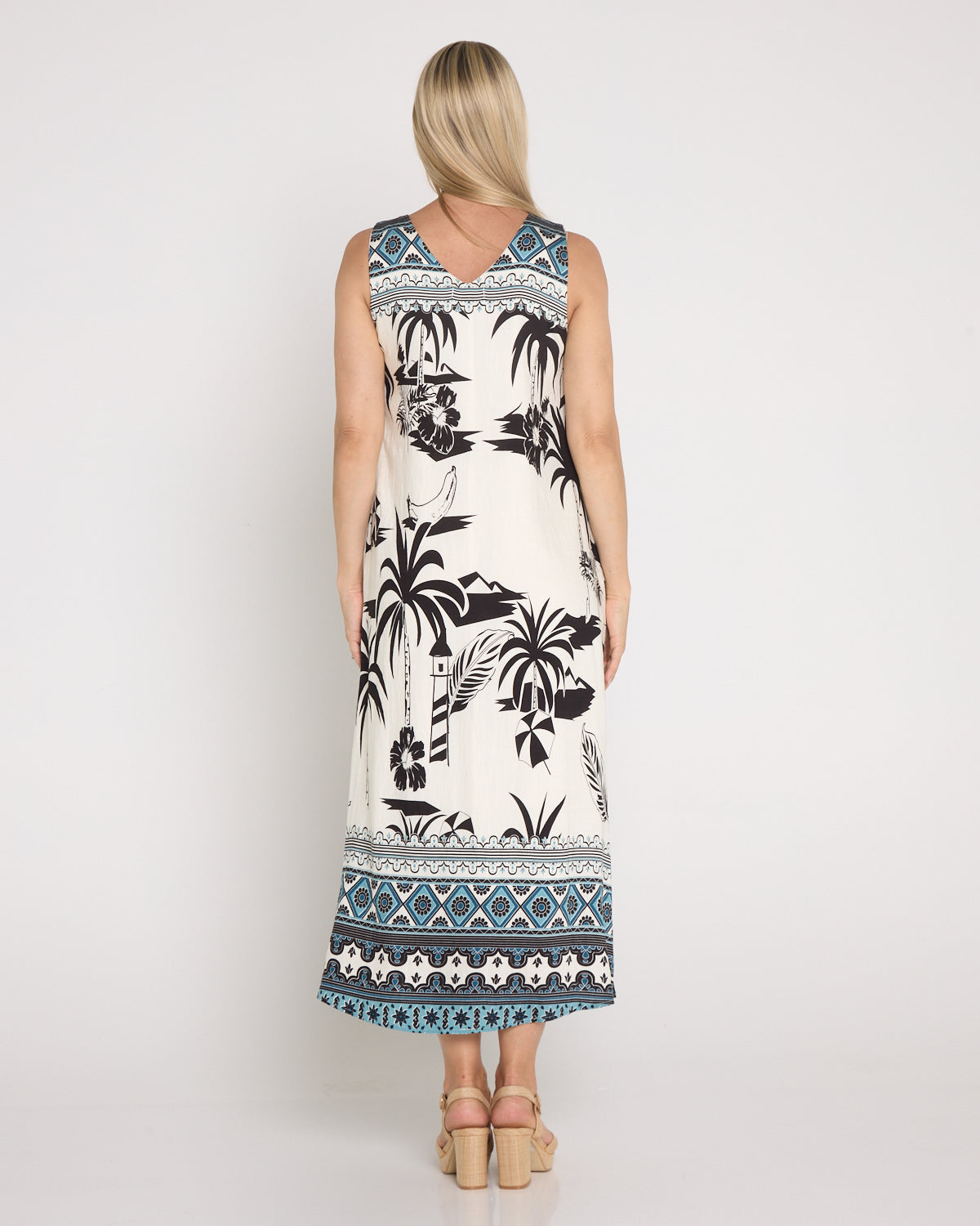 Sienna Sleeveless Midi Dress - Black & White Palm