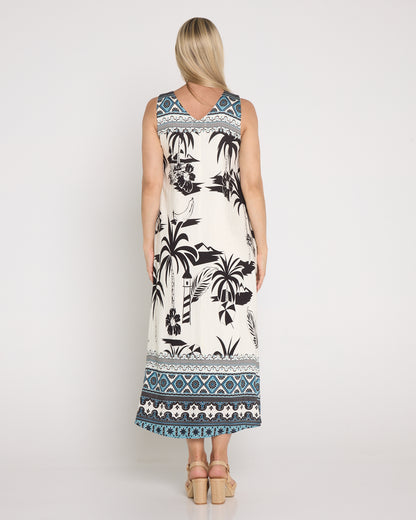 Sienna Sleeveless Midi Dress - Black & White Palm