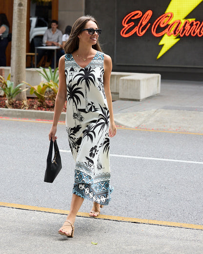 Sienna Sleeveless Midi Dress - Black & White Palm