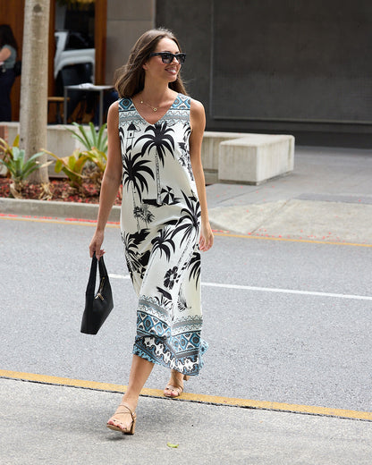 Sienna Sleeveless Midi Dress - Black & White Palm