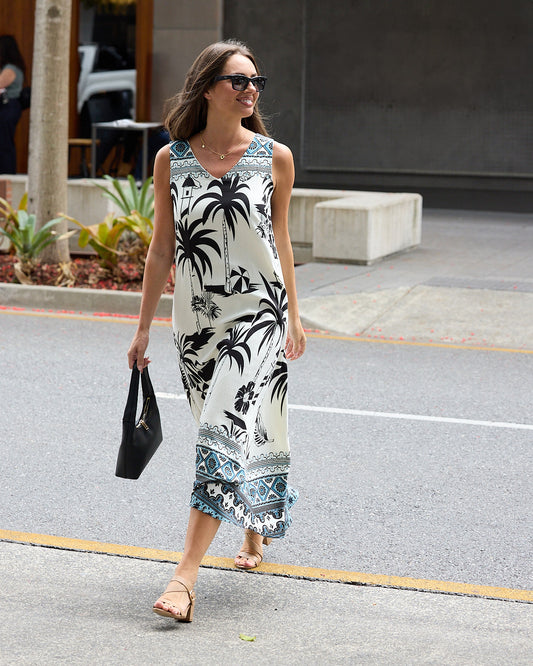 Sienna Sleeveless Midi Dress - Black & White Palm