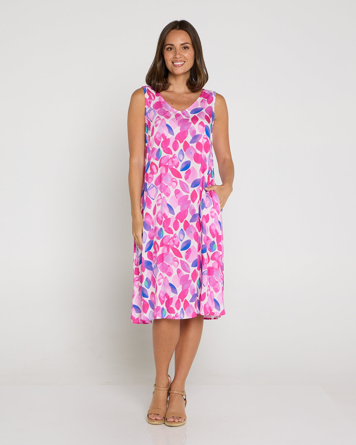 Sienna Sleeveless Petite Dress - Fuchsia Leaves