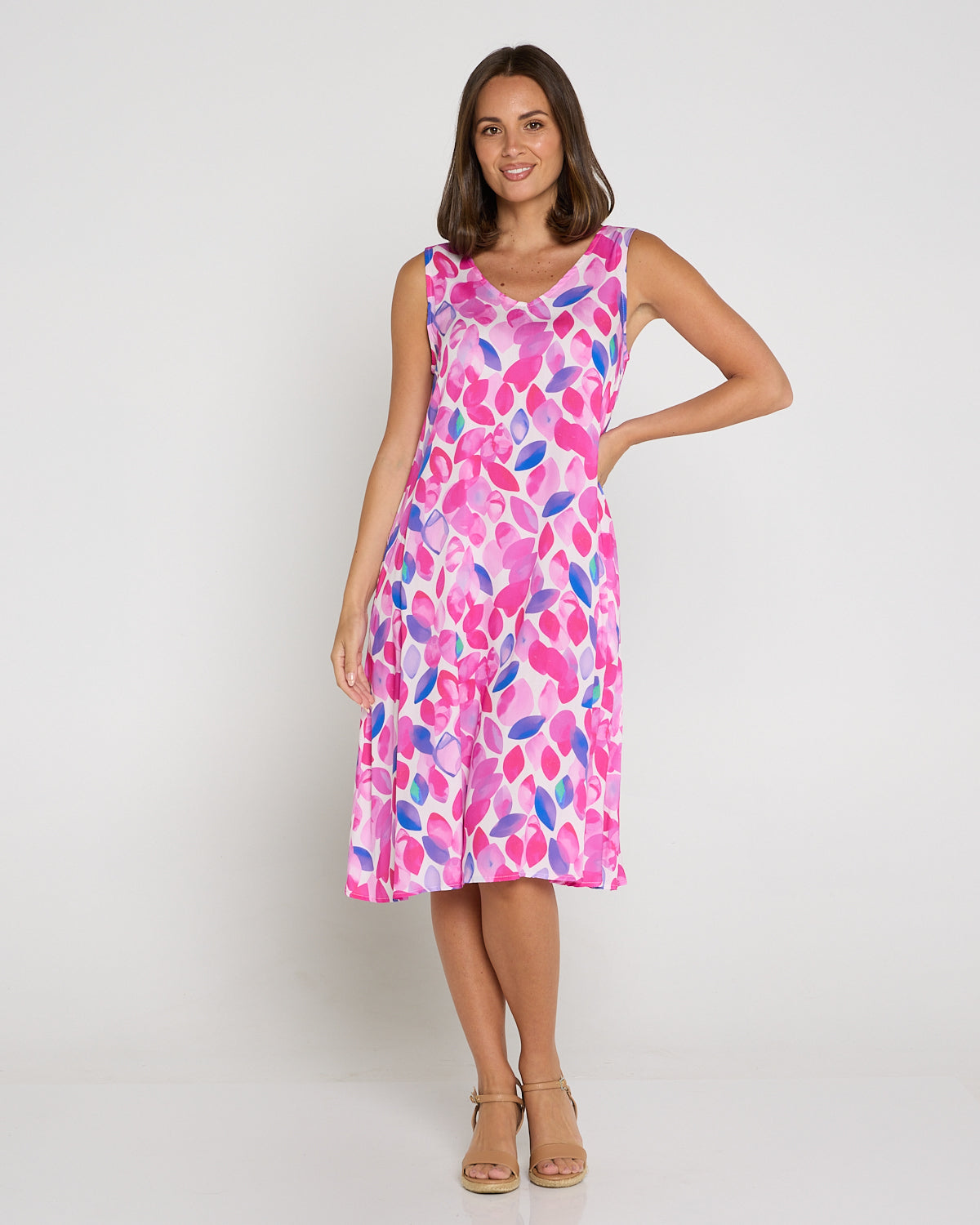 Sienna Sleeveless Petite Dress - Fuchsia Leaves