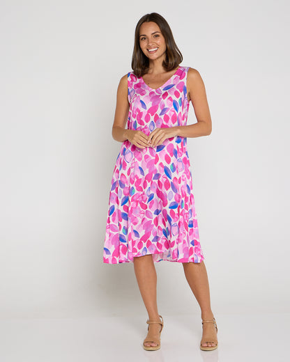 Sienna Sleeveless Petite Dress - Fuchsia Leaves