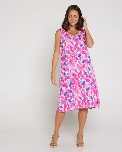 Sienna Sleeveless Petite Dress - Fuchsia Leaves