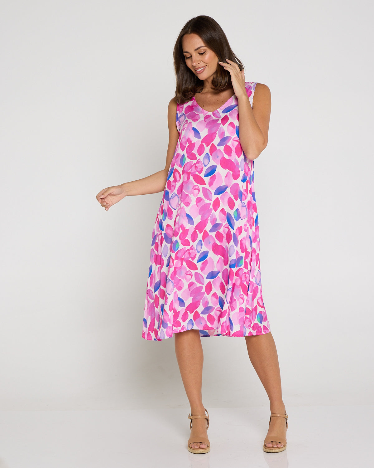 Sienna Sleeveless Petite Dress - Fuchsia Leaves