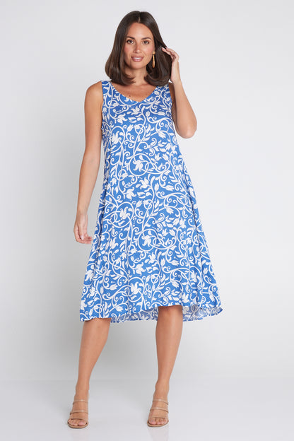 Sienna Sleeveless Petite Dress - Blue Floral Flourish