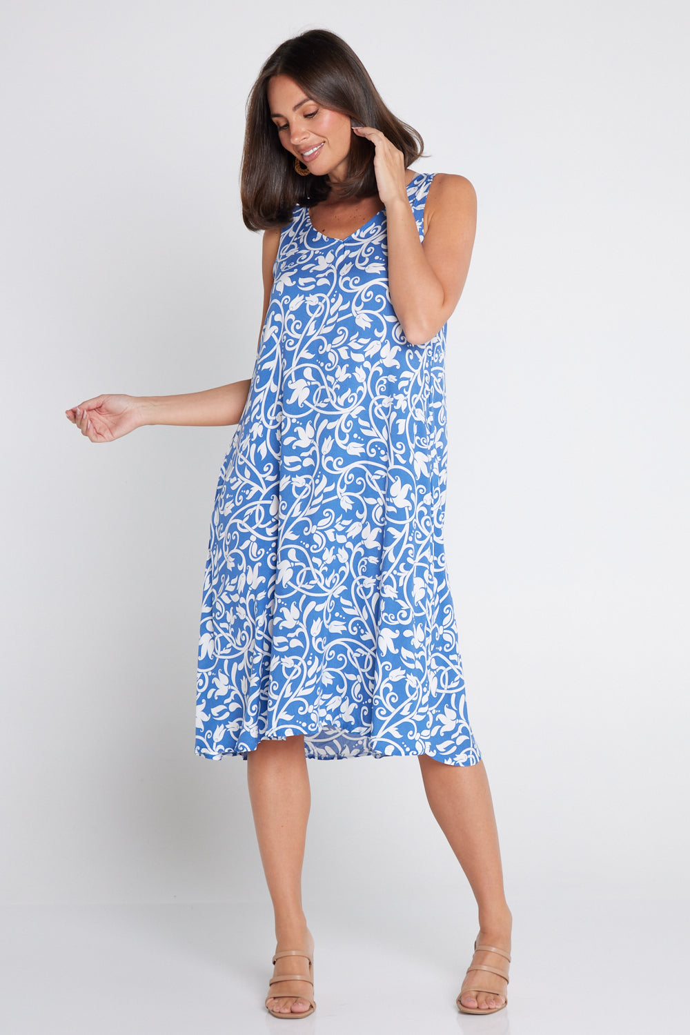 Sienna Sleeveless Petite Dress - Blue Floral Flourish