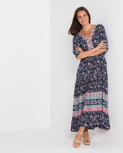 Annetta Dress - Raspberry Navy Jacobean