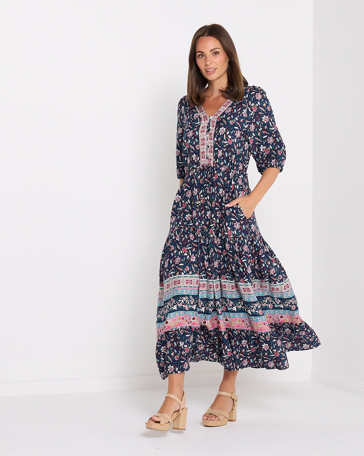 Annetta Dress - Raspberry Navy Jacobean