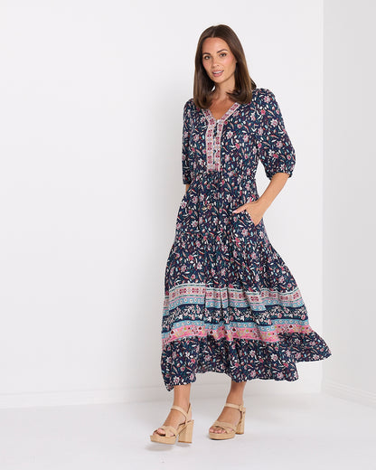 Annetta Dress - Raspberry Navy Jacobean