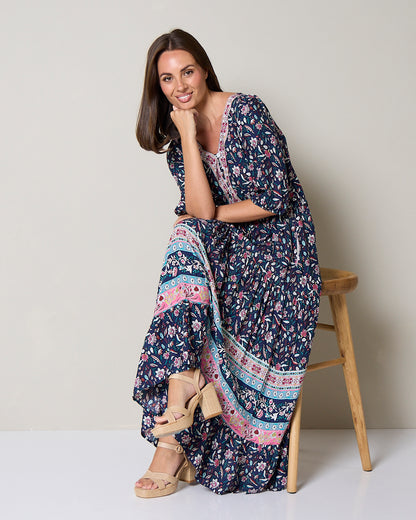 Annetta Dress - Raspberry Navy Jacobean