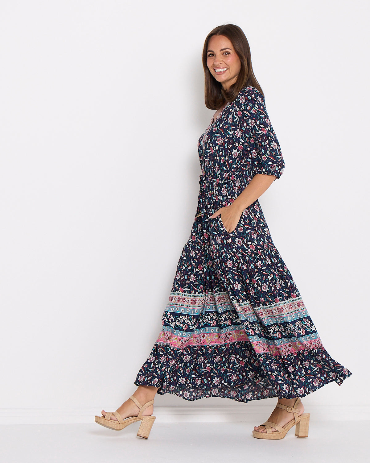 Annetta Dress - Raspberry Navy Jacobean