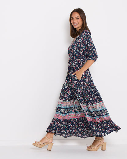 Annetta Dress - Raspberry Navy Jacobean