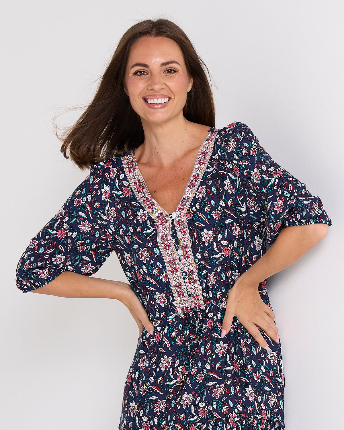 Annetta Dress - Raspberry Navy Jacobean