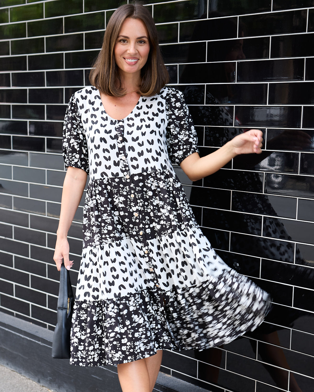 Charlize Dress - Black/White Floral