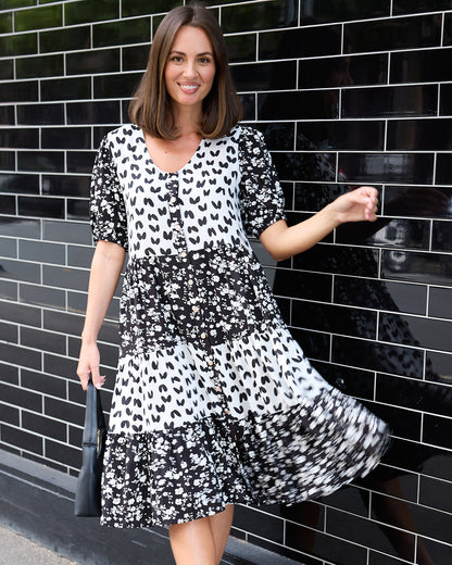 Charlize Dress - Black/White Floral