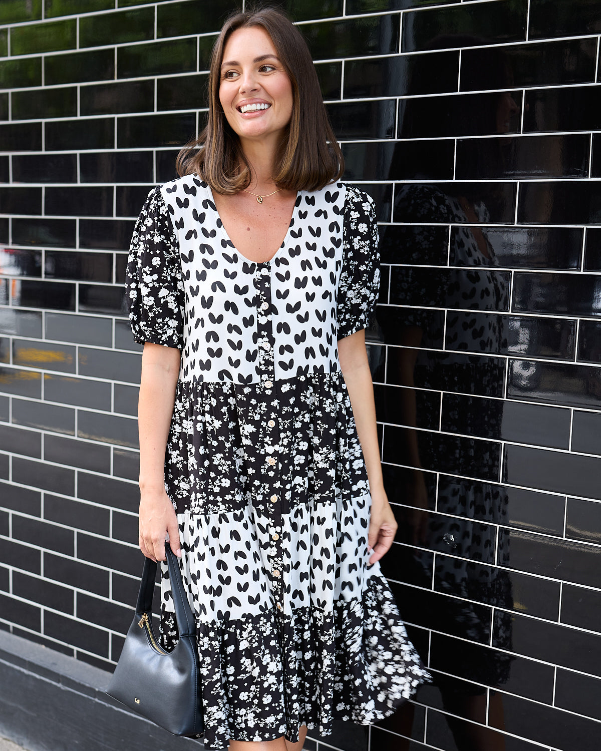 Charlize Dress - Black/White Floral