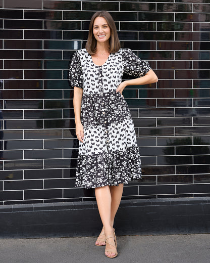 Charlize Dress - Black/White Floral