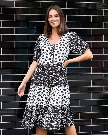 Charlize Dress - Black/White Floral