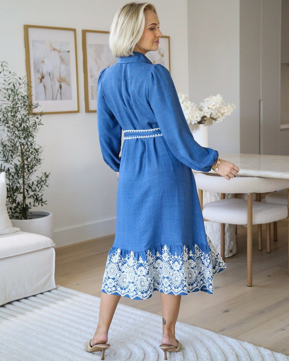 Camelle Embroidered Chambray Dress - Denim