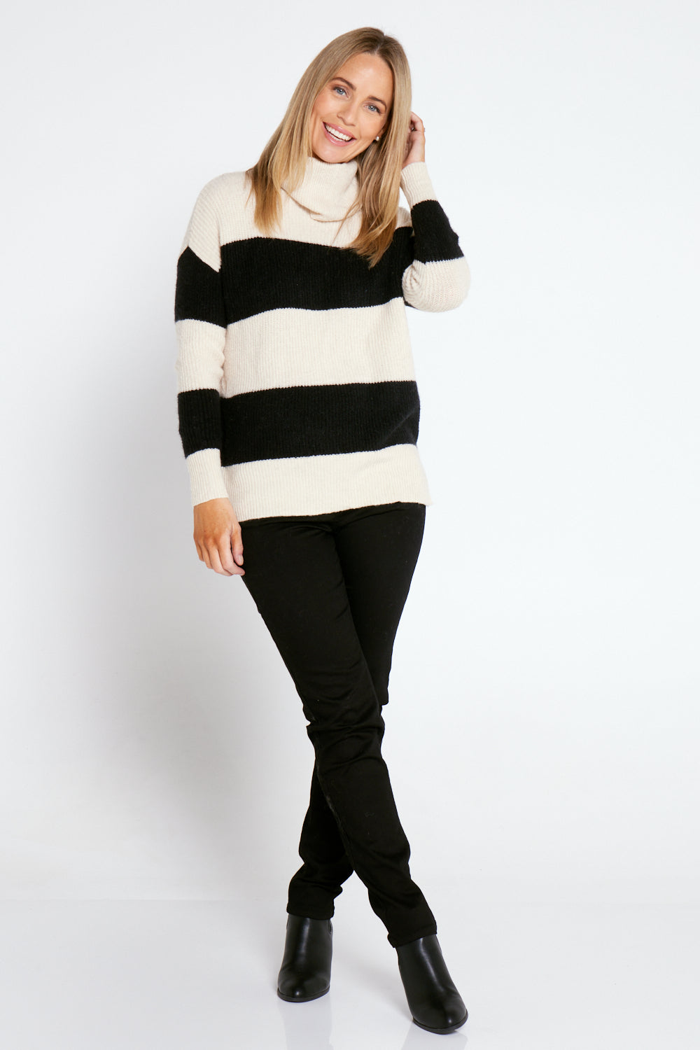 Barika Cowl Knit Top - Cream/Black Stripe