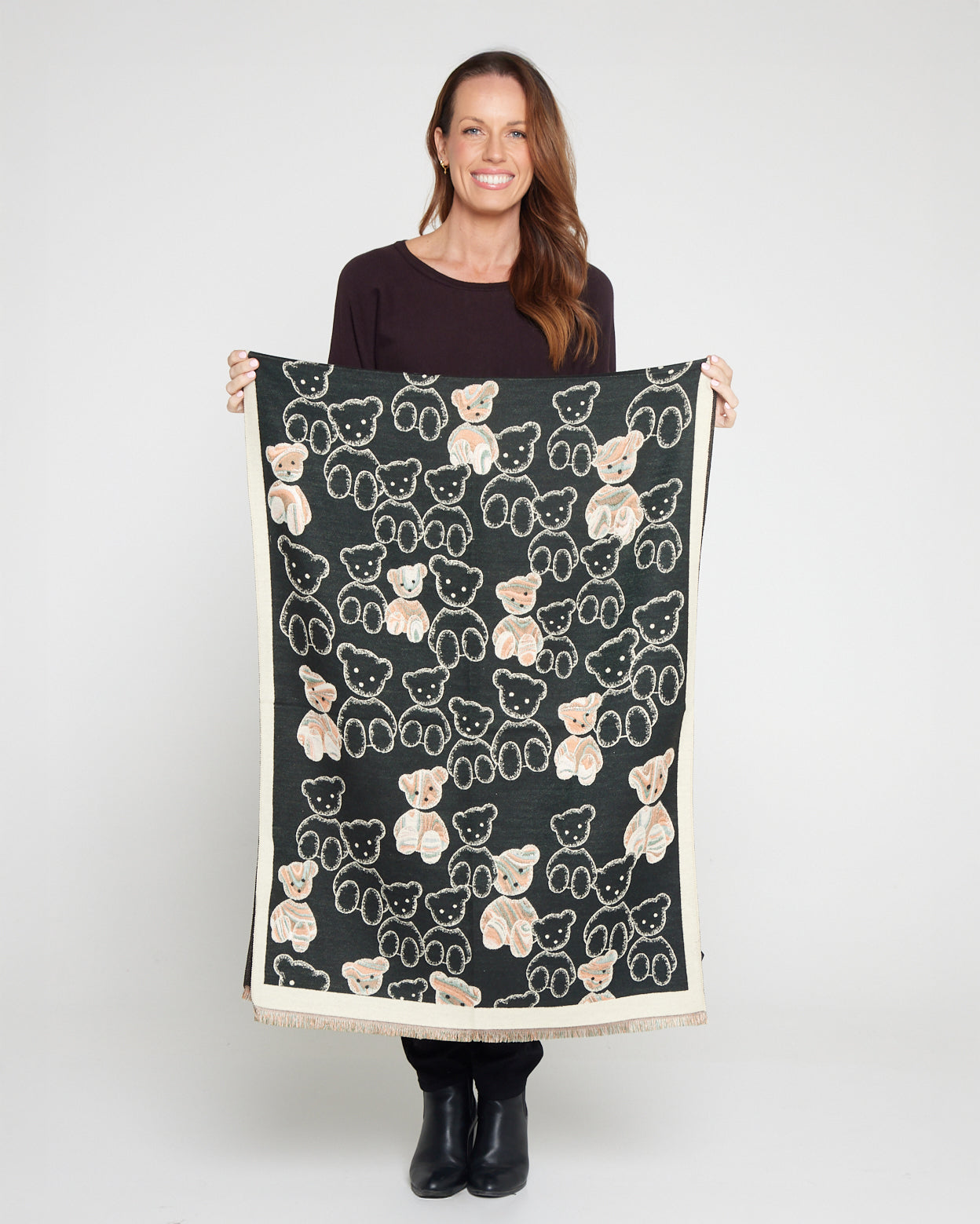 Teddy Bear Reversible Scarf - Black / Cream