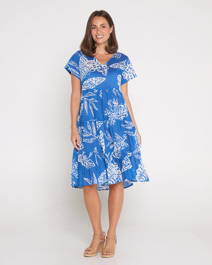 Thalia Tiered Cotton Dress - Cobalt Tropical
