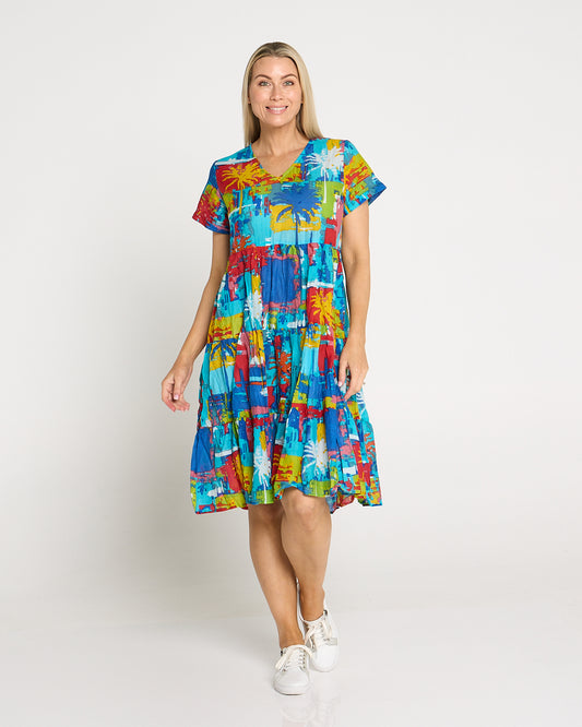 Thalia Tiered Cotton Dress - Painted Palms