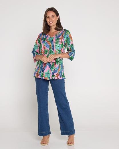 Tina V Neck Pleated Cotton Top - Pink Toucan Jungle