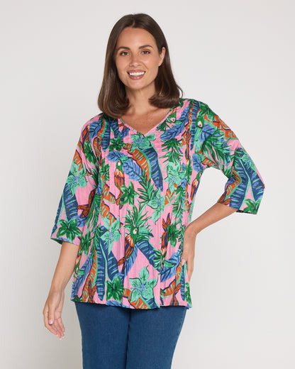 Tina V Neck Pleated Cotton Top - Pink Toucan Jungle