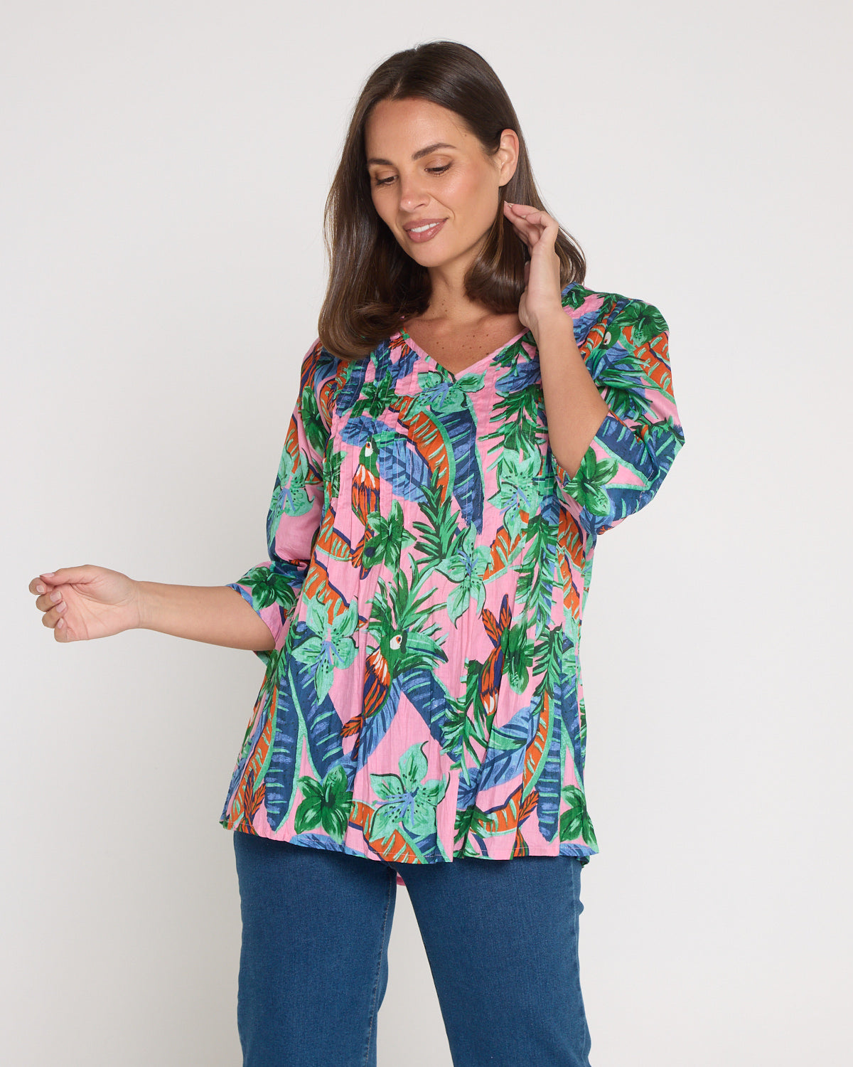 Tina V Neck Pleated Cotton Top - Pink Toucan Jungle