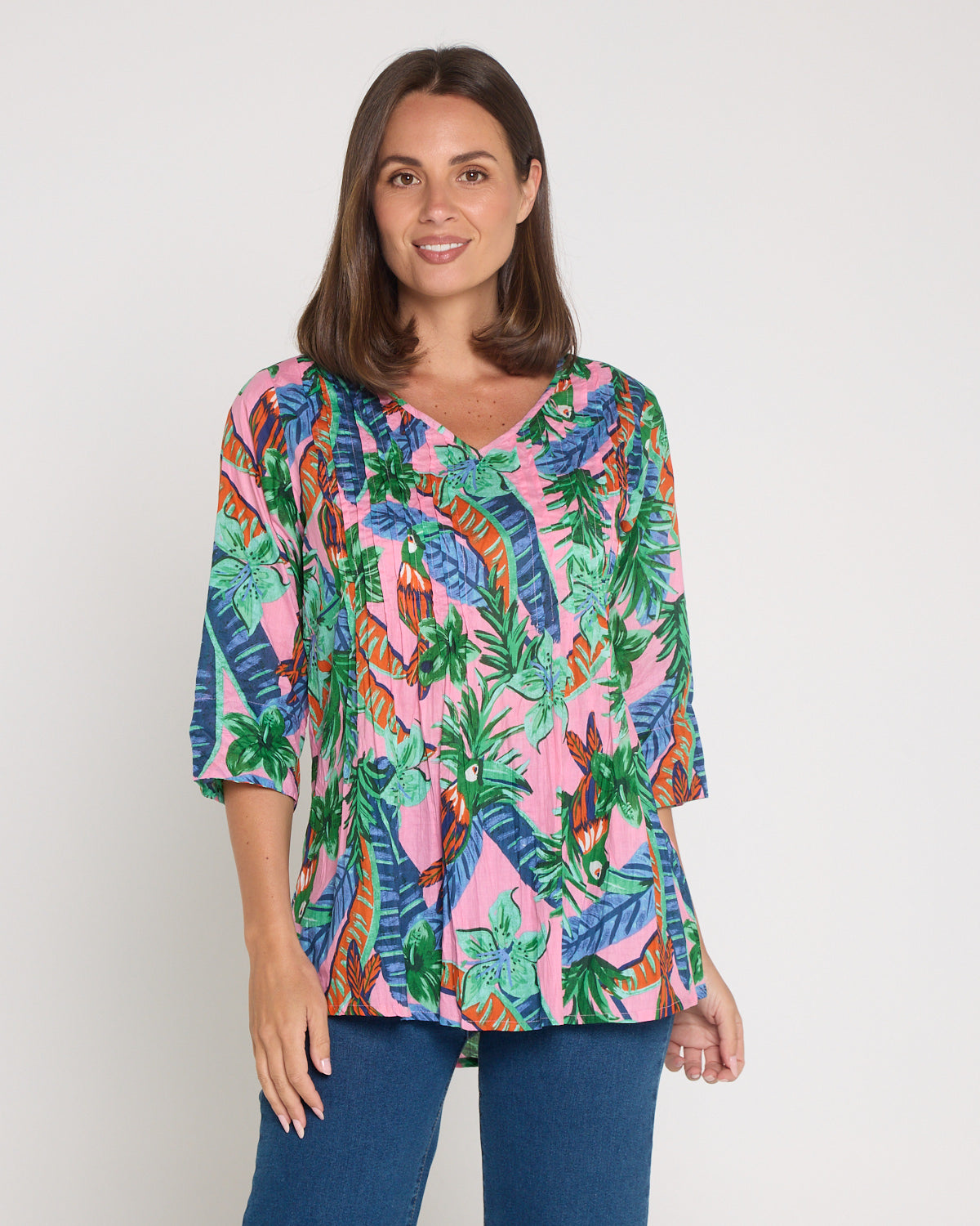 Tina V Neck Pleated Cotton Top - Pink Toucan Jungle