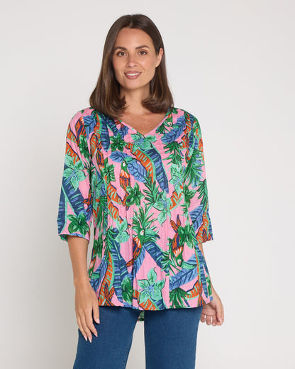 Tina V Neck Pleated Cotton Top - Pink Toucan Jungle