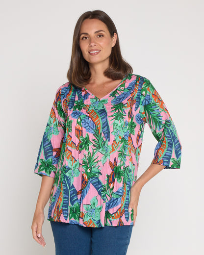 Tina V Neck Pleated Cotton Top - Pink Toucan Jungle