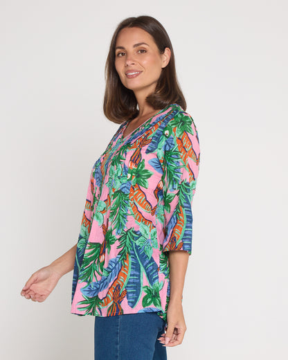 Tina V Neck Pleated Cotton Top - Pink Toucan Jungle