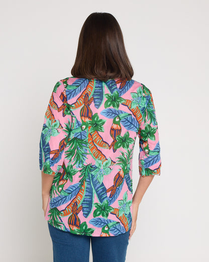 Tina V Neck Pleated Cotton Top - Pink Toucan Jungle