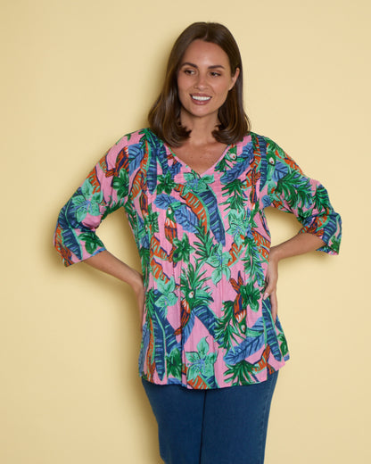 Tina V Neck Pleated Cotton Top - Pink Toucan Jungle