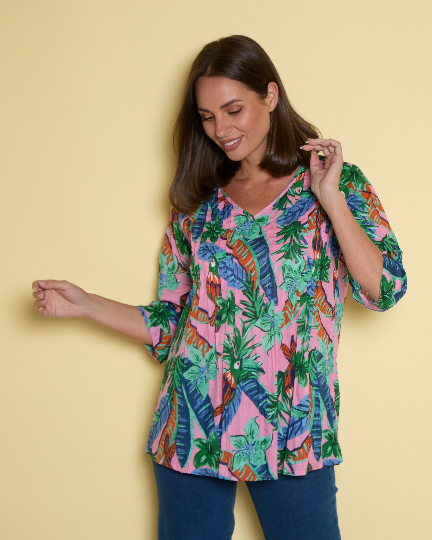 Tina V Neck Pleated Cotton Top - Pink Toucan Jungle