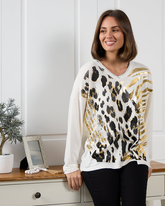 Trisha Foil Knit Top - White/Gold Leopard