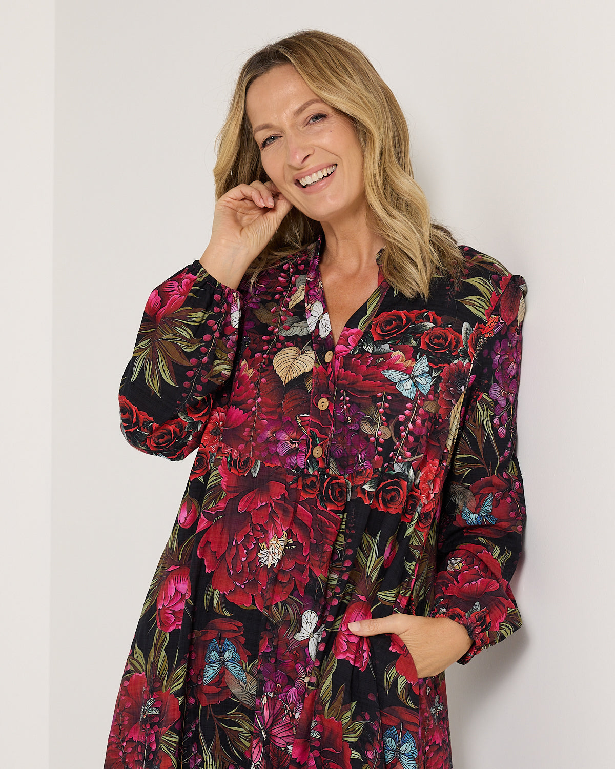 Vienna Cotton Midi Dress - Red Floral