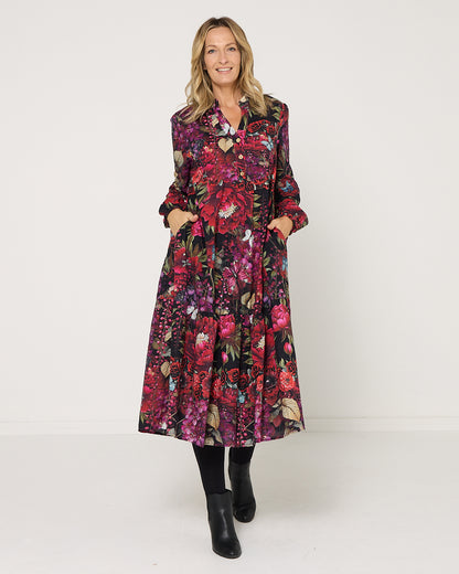 Vienna Cotton Midi Dress - Red Floral