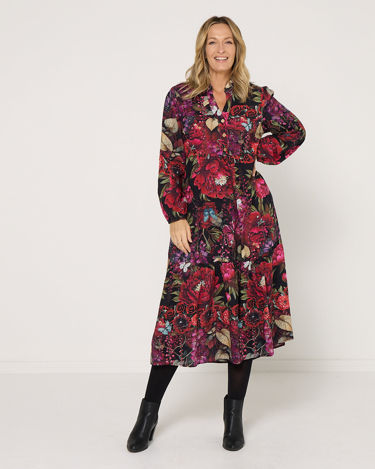 Vienna Cotton Midi Dress - Red Floral