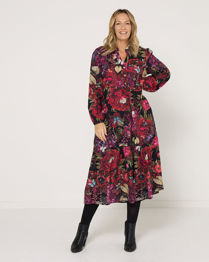 Vienna Cotton Midi Dress - Red Floral