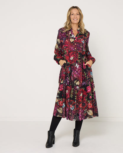 Vienna Cotton Midi Dress - Red Floral