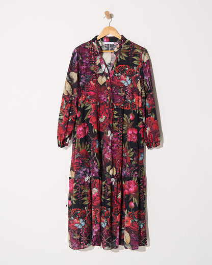 Vienna Cotton Midi Dress - Red Floral